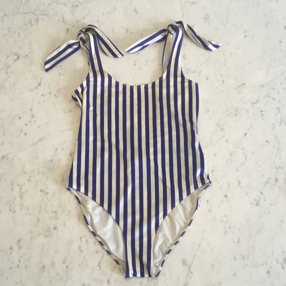 & Other Stories Navy and White Striped Tie-Shoulder One-Piece
